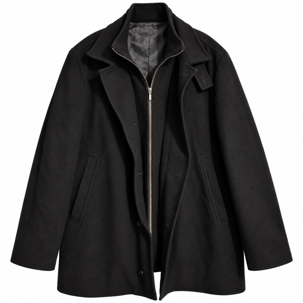 Pronto Uomo Mens Black Wool Blend Mid-Length Overcoat 2XL Lined Pockets Zip